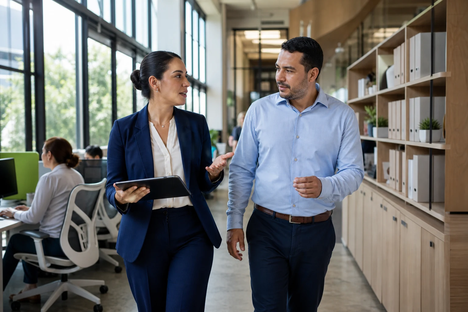Consultora y responsable operativo verificando condiciones y evidencia laboral